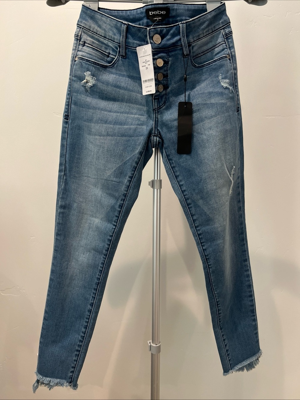bebe Distressed High-Rise Frayed Blue Jeans size 26
